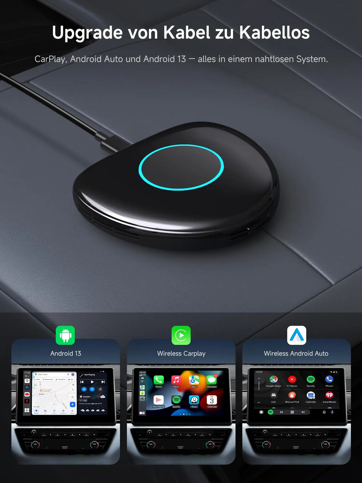 ATOTO CB6 Android Auto Wireless Adapter – CarPlay IA Box, 8GB+128GB Auto-Streaming-Box mit 4G, Dual Bluetooth, USB, integriertem GPS, KI-Assistent, microSD-Erweiterung, OTA