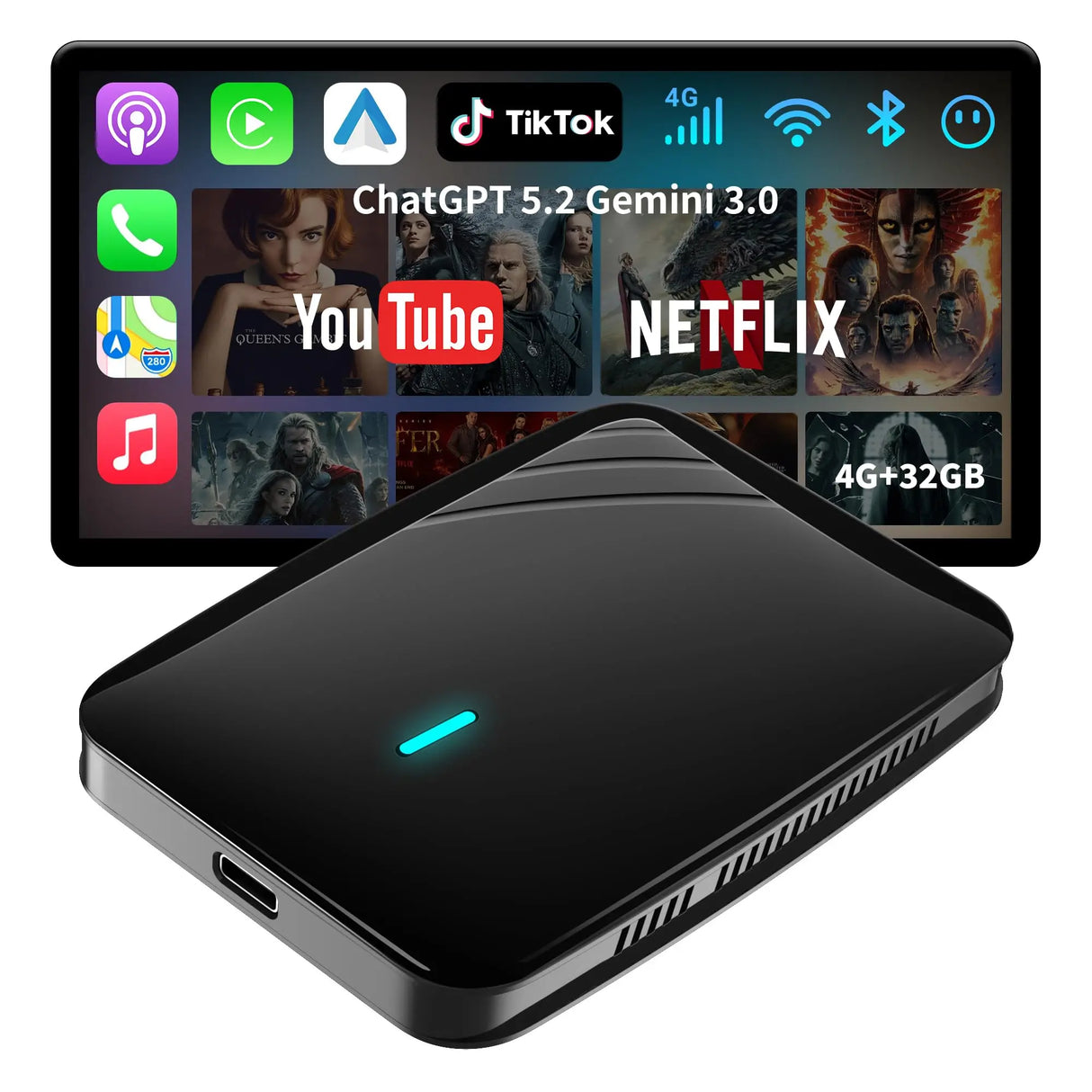 ATOTO CB4B Wireless CarPlay Adapter – Dual WLAN, Dual Bluetooth, 128GB TF-Karte, 4GB+32GB, Plug & Play Android AI Box mit KI-DriveChat, Netflix/YouTube, Schwarz