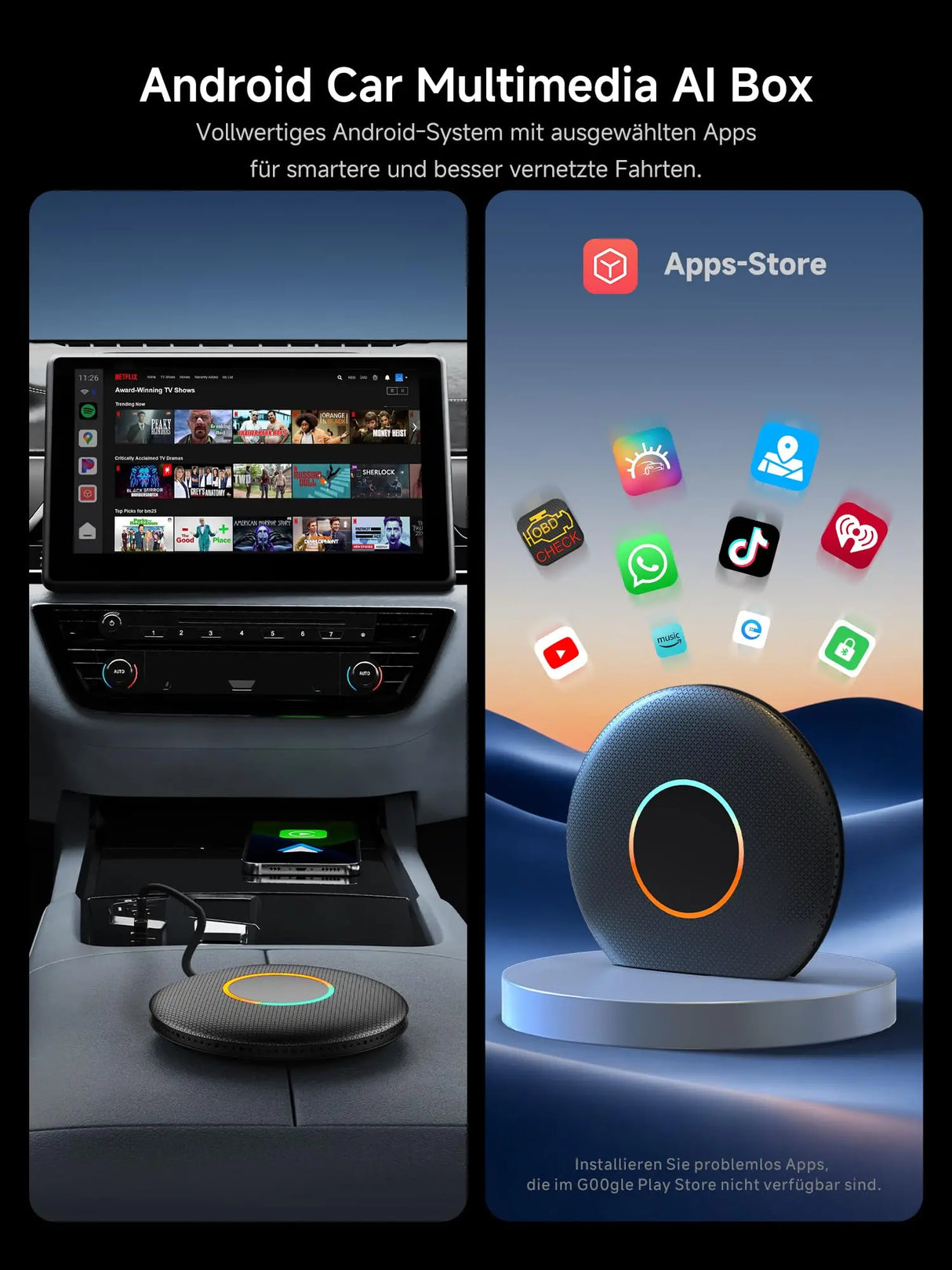 ATOTO CB6 Wireless CarPlay Adapter, Intelligenter AI-Sprachdongle mit GPS-Tracking, Kabelloses CarPlay und Android Auto, Bluetooth, 4GB+64GB, Kompatibel mit vielen Apps