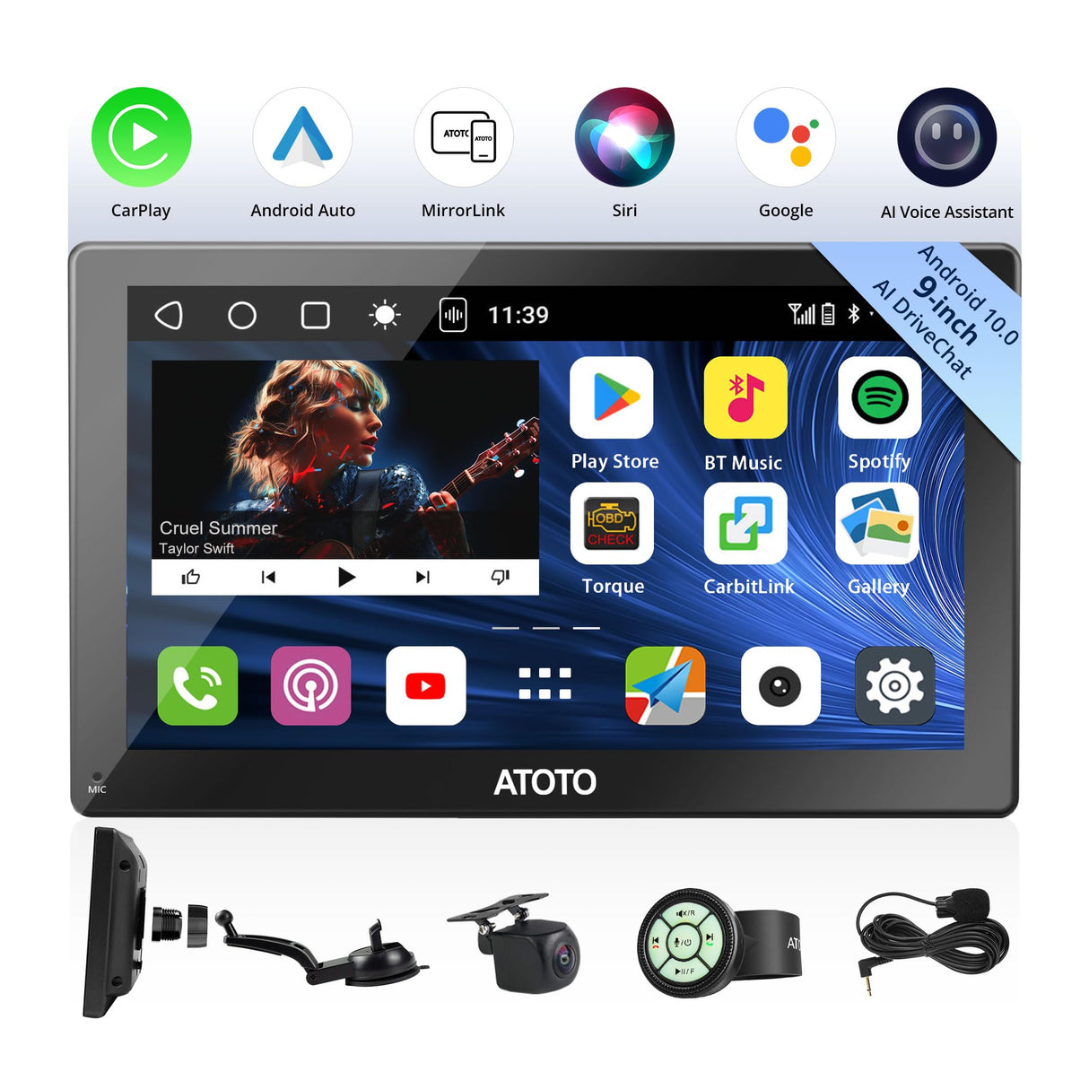 ATOTO 9" Portable Car Stereo with QLED Touchscreen, Wireless/Wired CarPlay & Android Auto, 2GB+32GB, ChatGPT AI, Fast Boot, 1280x720p Display