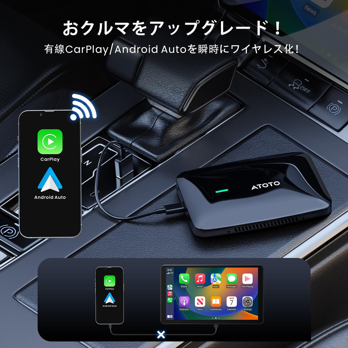ATOTO DriveChat CB4A 互換シリアル:CarPlay/Android Auto対応 Ai Box、YouTube/Netflix利用可能、Androidアプリ内蔵、車載アシスタントサポート