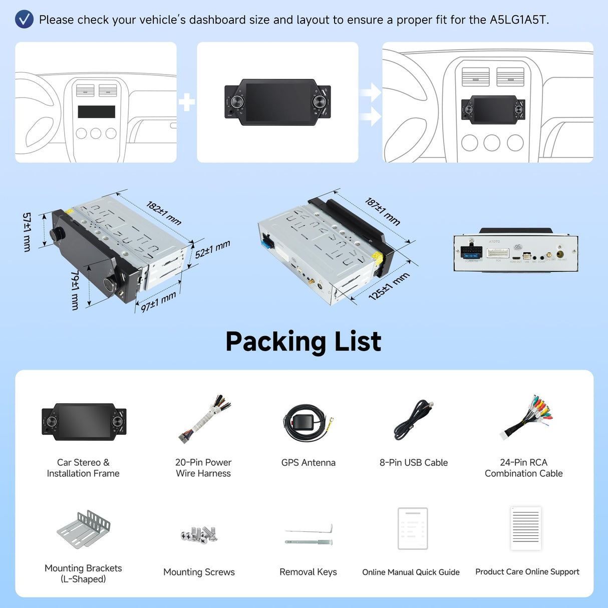 ATOTO A5LG1A5T 5" Single Din Car Stereo Android with Apple CarPlay & Android Auto, Bluetooth, WiFi, USB QC 2.0 Fast Charging, GPS Tracking, AUX-in, LRV, SWC