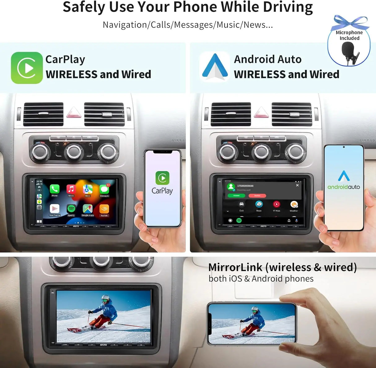 ATOTO A6VW07APF 7" Double Din Car Stereo, Wireless CarPlay & Android Auto, Dual Bluetooth, HD LRV, 2G+32G, Compatible with VW Volkswagen/Golf/Polo/Tiguan/Passat