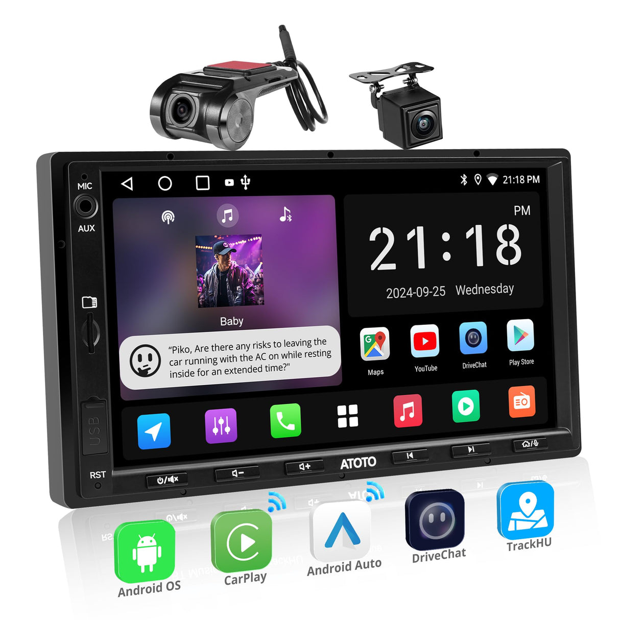 ATOTO 7" Double Din Car Stereo, Dash and Backup Camera, Wireless CarPlay and Android Auto, 2G+32G Touchscreen, WiFi and Bluetooth Tethering, 48-Band EQ DSP, Bluetooth, FM, USB, TF