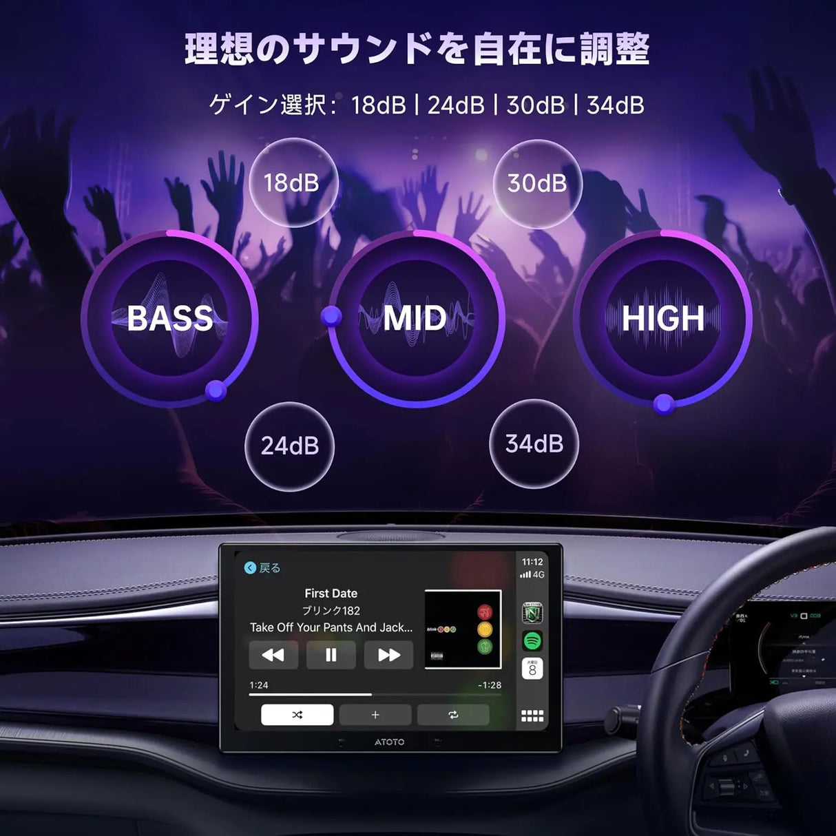 ATOTO CA-AEC122DL カーアンプ - クラスD 4チャンネル TI TPA3221、RMS 4x60W、6.5フィート電源ケーブル、カスタマイズ可能EQ、特定ATOTOZONEカーステレオと互換