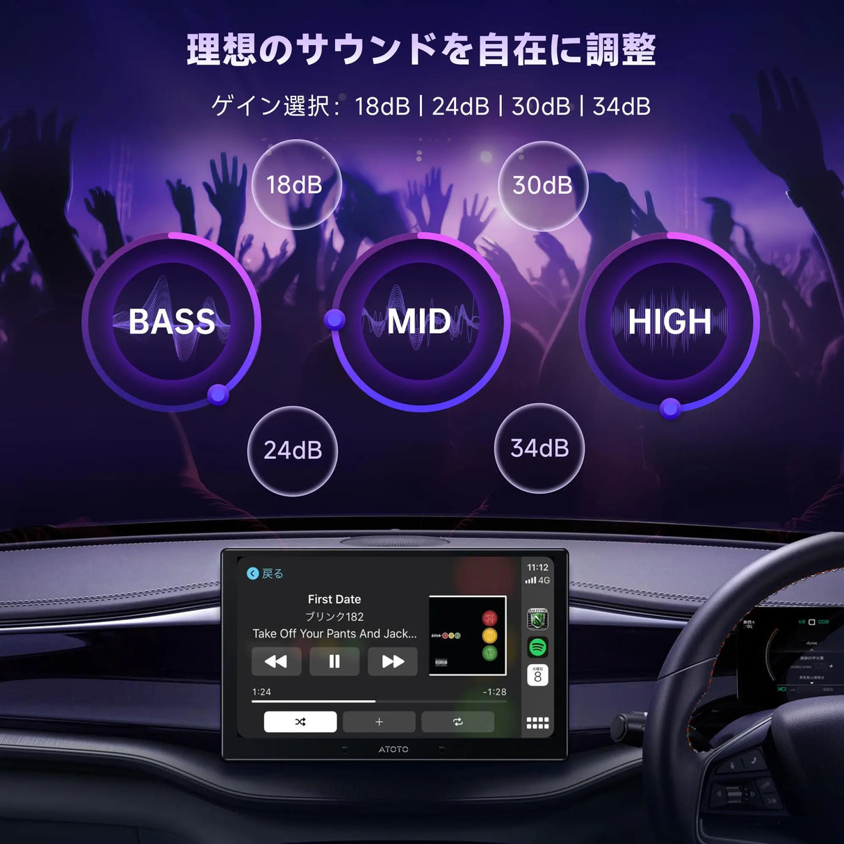 ATOTO CA-AEC122DL カーアンプ - クラスD 4チャンネル TI TPA3221、RMS 4x60W、6.5フィート電源ケーブル、カスタマイズ可能EQ、特定ATOTOZONEカーステレオと互換