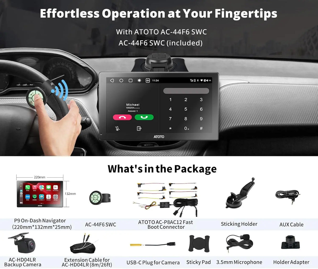 ATOTO 9" GPS Per Auto – Telecamera Retrovisiva HD 1080P, QLED Android Autoradio Portatile, 4G+32G, CarPlay e Android Auto Senza Fili, 4G LTE, 2 Bluetooth, HDMI Supportato, Tracciamento GPS