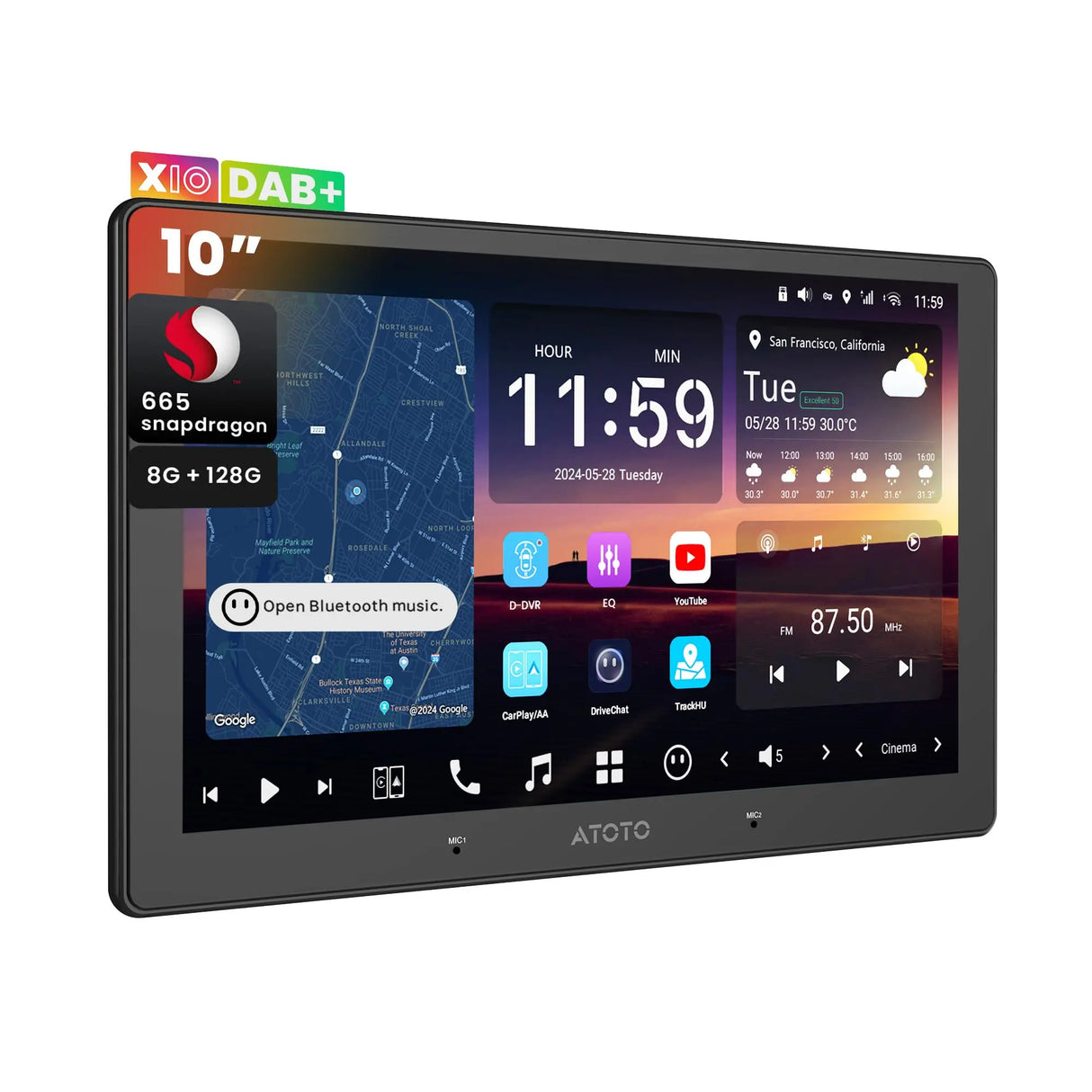ATOTOZONE X10DG211E 10 Zoll Android DAB+ Autoradio Doppel-Din, 8+128G, 4G LTE, KI-Sprachassistent, Kabelloses Carplay & Android Auto, Duales Mikrofon & BT & Kameraeingang, 36B-EQ, HDMI-Eingang