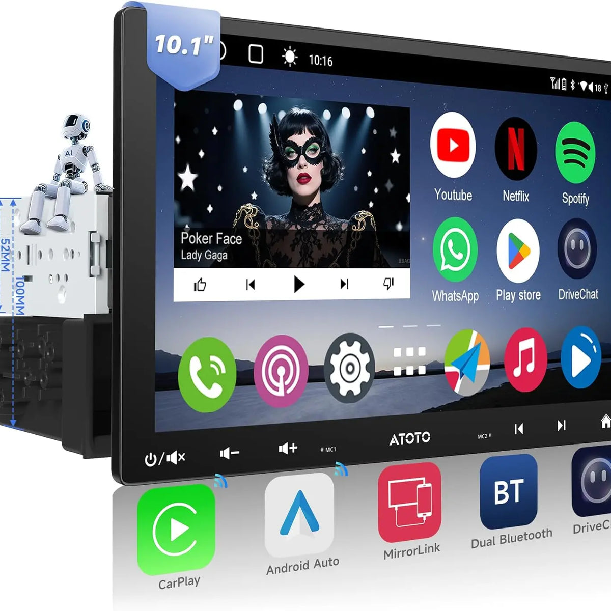 ATOTO A6PF 10.1” Bluetooth Radio for Car, Wireless CarPlay, ChatGPT