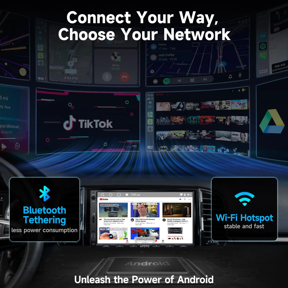 ATOTO A5LG2A7T 7" Android Double DIN Car Stereo, Wireless CarPlay & Android Auto, 2G+32G, 1280x720 HD Touchscreen, WiFi/BT Tethering, 24-Band DSP, MirrorLink (Refurbished)