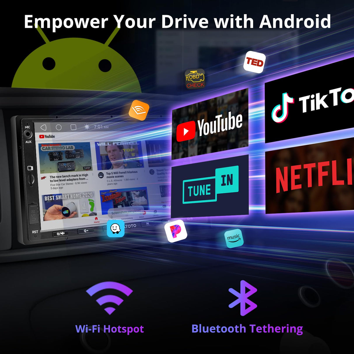 ATOTO A5LG2A7T 7" Double Din Car Stereo, Android, Wireless CarPlay & Android Auto, Bluetooth, GPS Tracking, 2G+32G, Wi-Fi/BT/USB Tethering, 24-Band EQ, FM/AM, TF Card