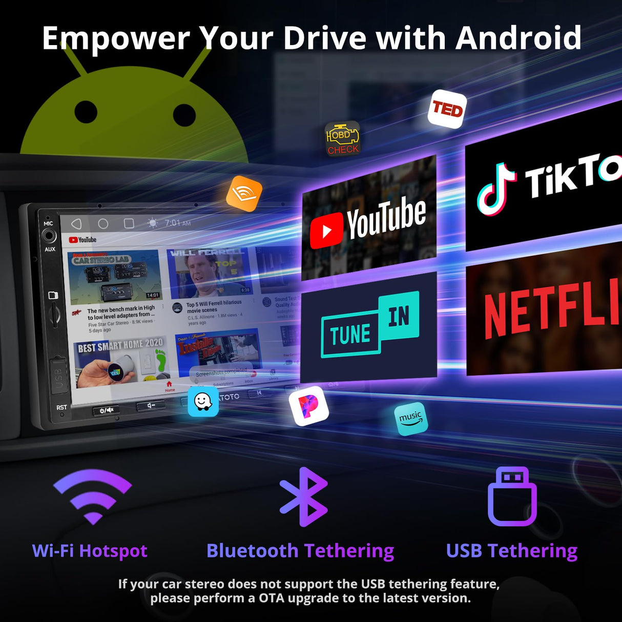 ATOTO A5LG2A7T 7" Double Din Car Stereo, Android, Wireless CarPlay & Android Auto, Bluetooth, GPS Tracking, 2G+32G, Wi-Fi/BT/USB Tethering, 24-Band EQ, FM/AM, TF Card