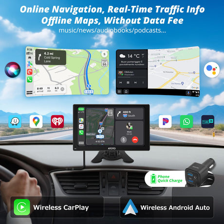 ATOTO P5 7" GPS für Auto – Fernbedienung, QLED-Touchscreen-Touchscreen, drahtloses CarPlay, Android Auto, MirrorLink, Bluetooth, AUX/FM-Versorgung, automatischer Dimmer, tragbares Autoradio