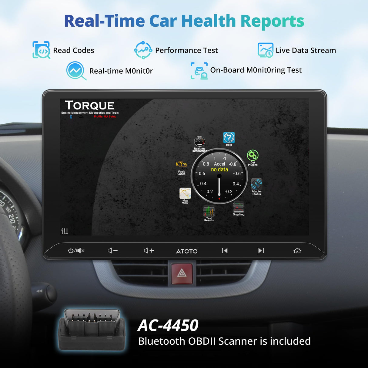 ATOTO A5LG211T 10.1" 2 Din Android Autoradio, Wireless CarPlay & Android Auto, Stereo with OBD Scanner, 24-Band EQ, WiFi/BT/USB Tethering, 2G+32G, GPS Tracking, FM/RDS