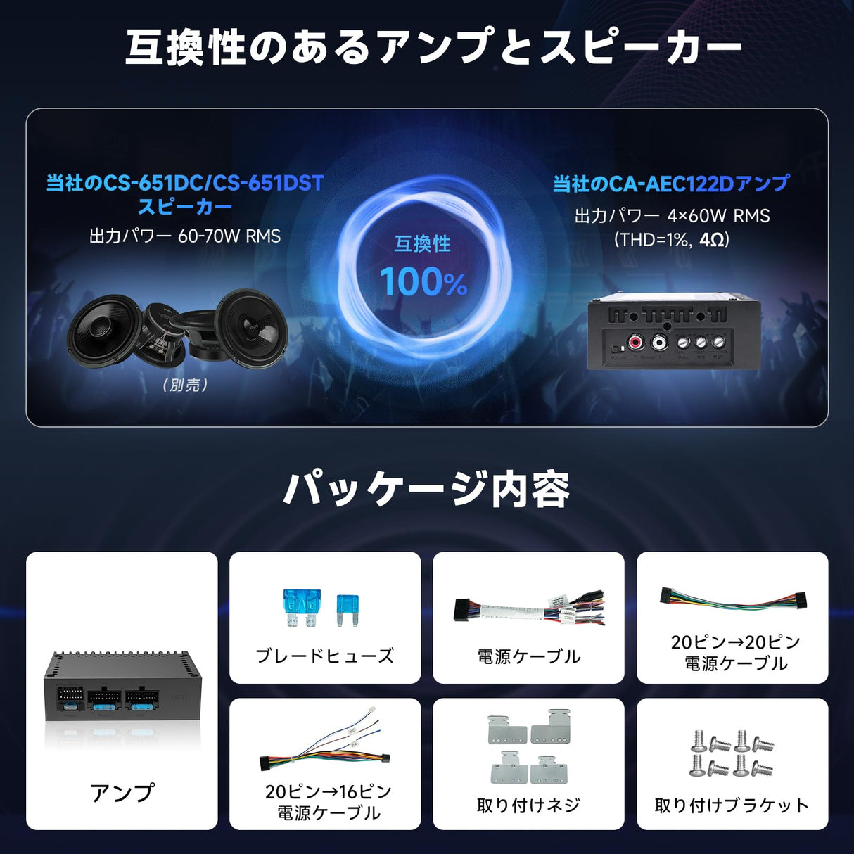 ATOTO CA-AEC122DL カーアンプ - クラスD 4チャンネル TI TPA3221、RMS 4x60W、6.5フィート電源ケーブル、カスタマイズ可能EQ、特定ATOTOZONEカーステレオと互換