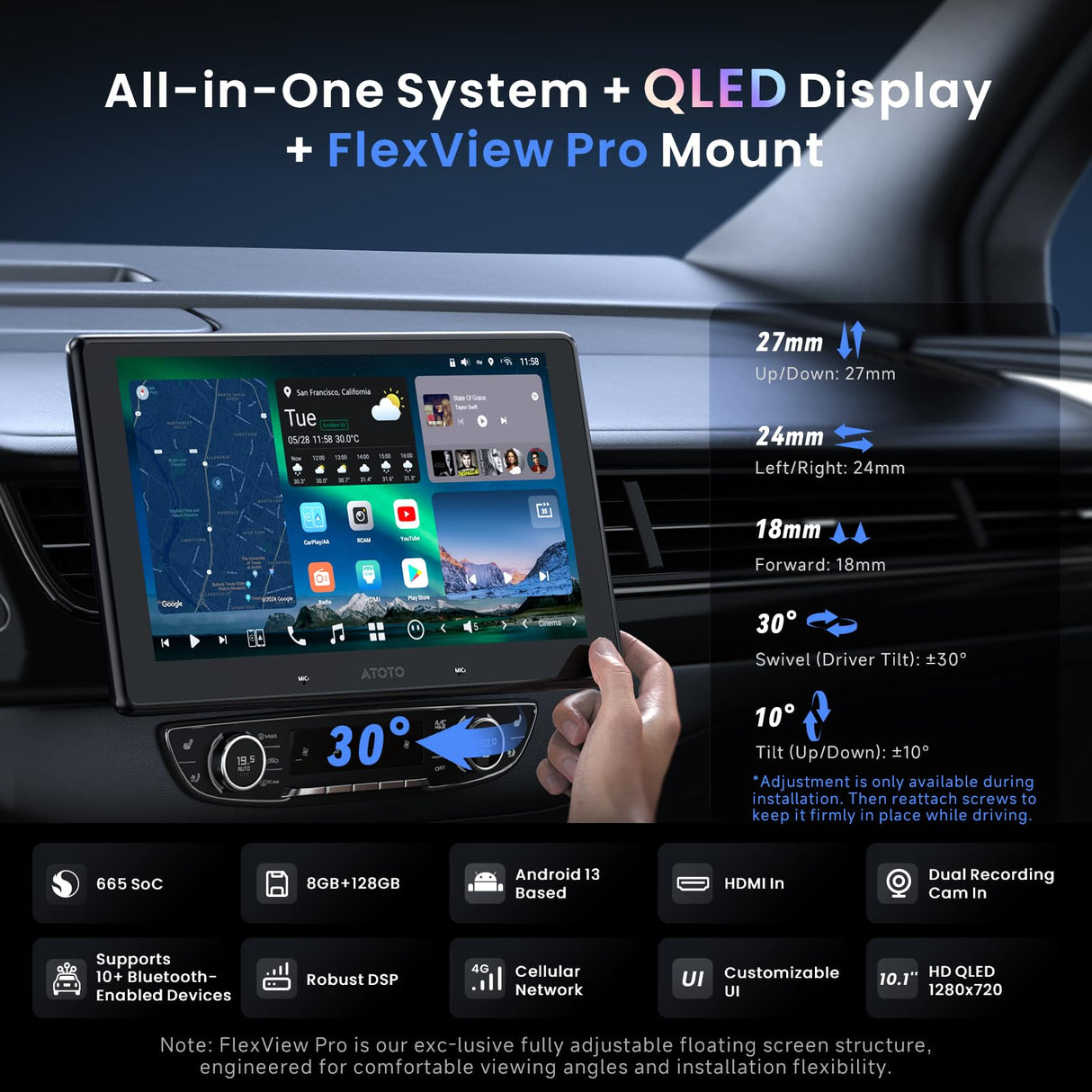 ATOTO X10G110E 10.1" Android Car Stereo with Wireless CarPlay & Android Auto, QLED Floating Touch Screen, Dual 1080P Dash Cam, 8GB RAM, 128GB ROM, DSP 7.1.2 Sound, WiFi/Cellular