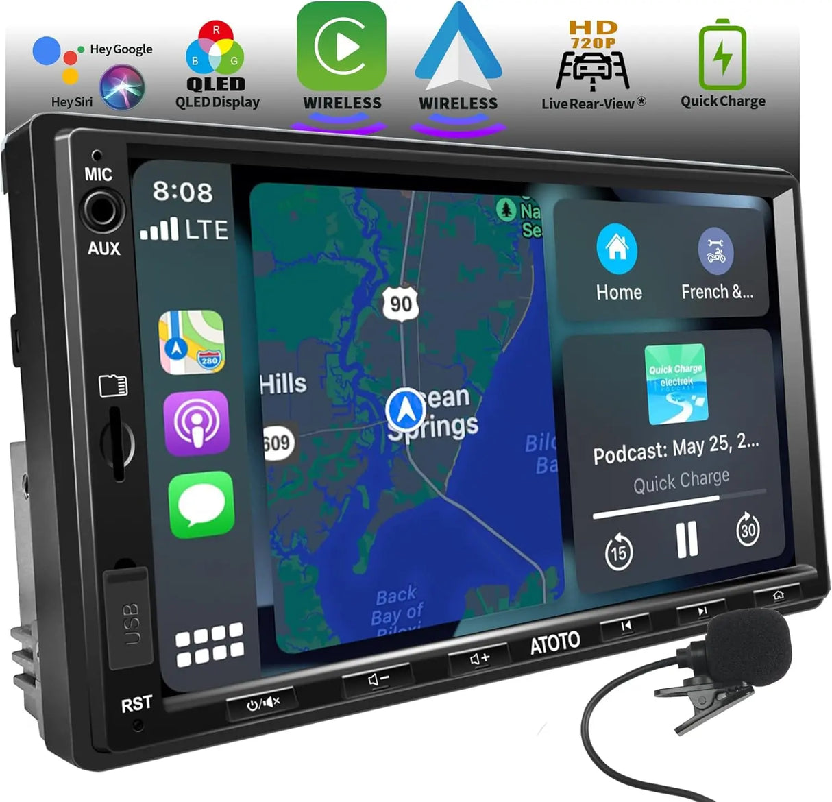 Double Din Car Stereo with Wireless CarPlay & Android Auto, 7 inch QLED CarPlay Screen for Car, SXM Ready, Quick Charge, Bluetooth Car Radio with Live Rear View, MirrorLink, USB/AUX/SWC, F7G2A7-XE-N