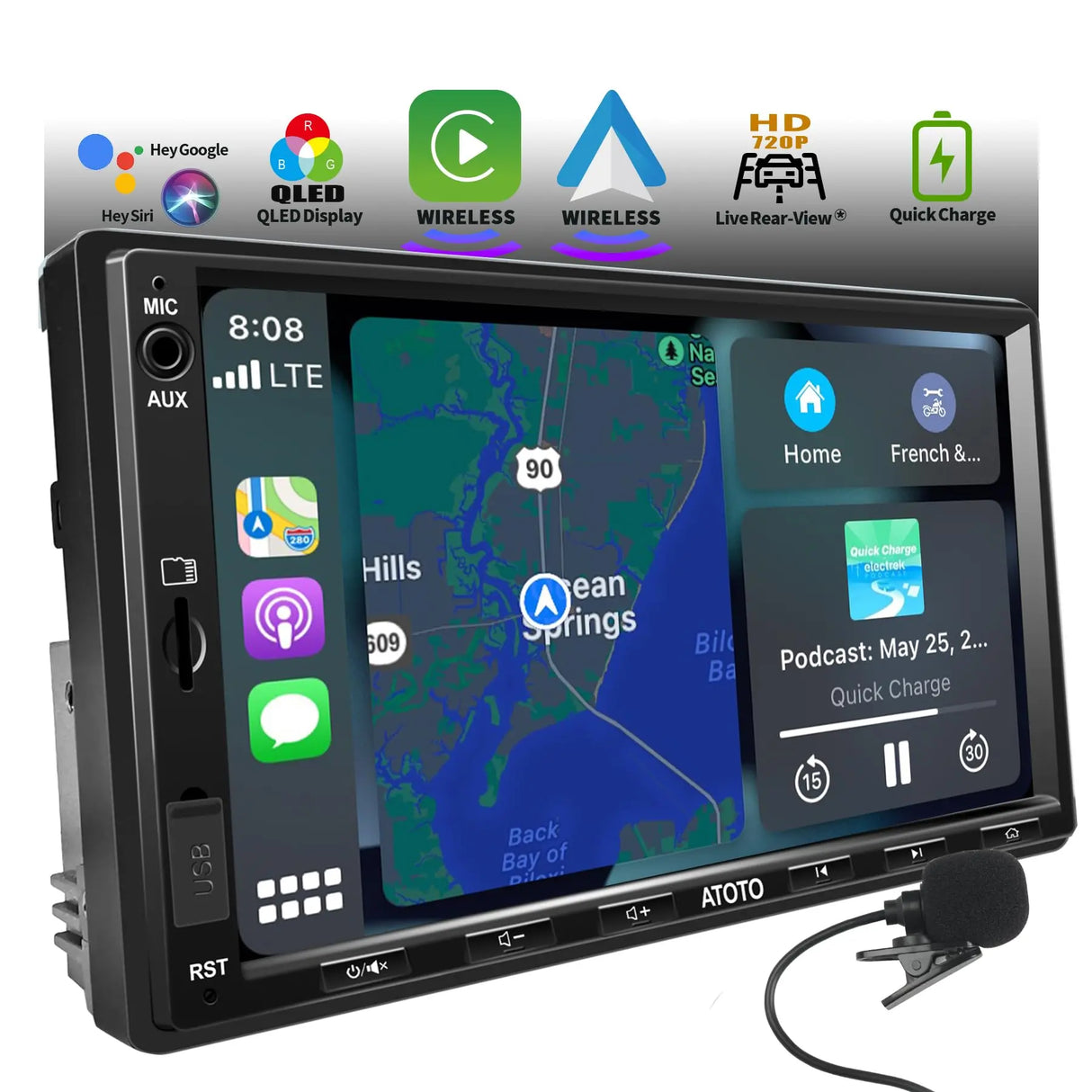 Double Din Car Stereo with Wireless CarPlay & Android Auto, 7 inch QLED CarPlay Screen for Car, SXM Ready, Quick Charge, Bluetooth Car Radio with Live Rear View, MirrorLink, USB/AUX/SWC, F7G2A7-XE-N