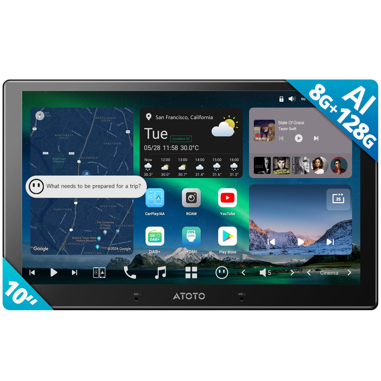 ATOTO X10DG211E Autoradio 2 DIN 10 Pouces, QLED, 8+128G, Microphone Double et Entrée Caméra, CarPlay & Android Auto sans fil, 4G LTE, Assistant Vocal IA, Suivi GPS, DAB, Bluetooth, LRV, Entrée HDMI