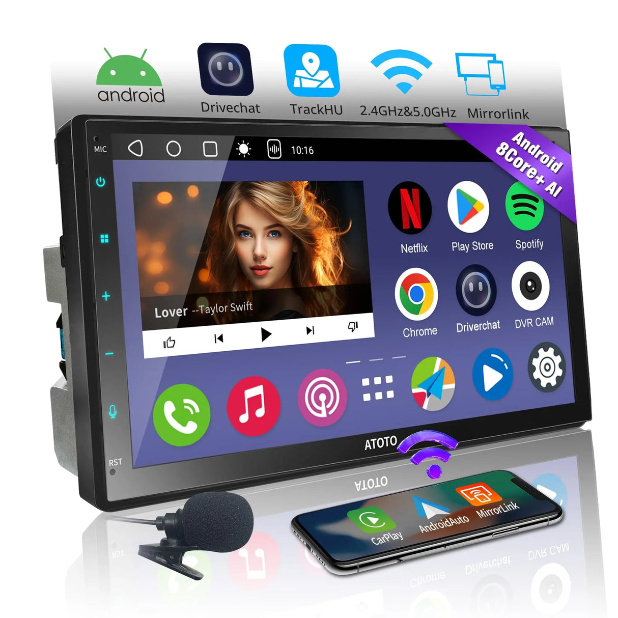 ATOTOEXCEL A6PF 7 inch Android Double DIN Car Stereo, Wireless CarPlay&Android Auto, 8 Core QLED Touchscreen DAB+ Radio 2G+32G, WiFi/BT/USB Tethering, 32-band EQ/DSP, Dual BT, AI Drivechat, LRV/GPS