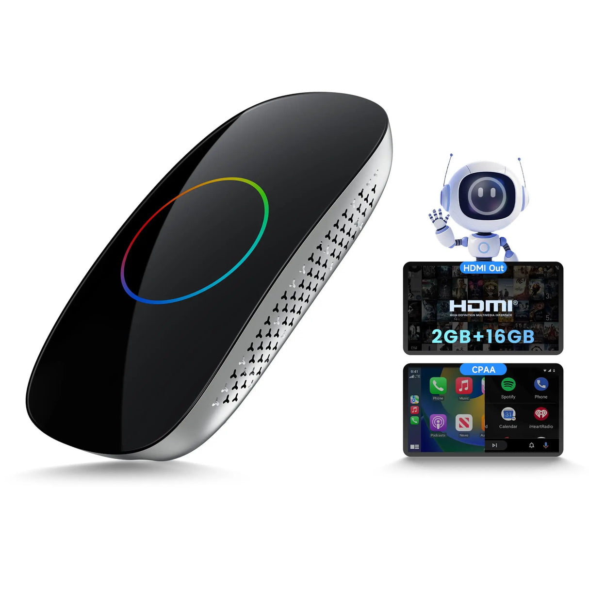 ATOTO CB4CT CarPlay AI Box – Adaptador CarPlay inalámbrico y Android Auto con Android 2GB+16GB, Caja de vídeo para YouTube, Netflix y más, Wi-Fi/Bluetooth doble, OTA, Negro