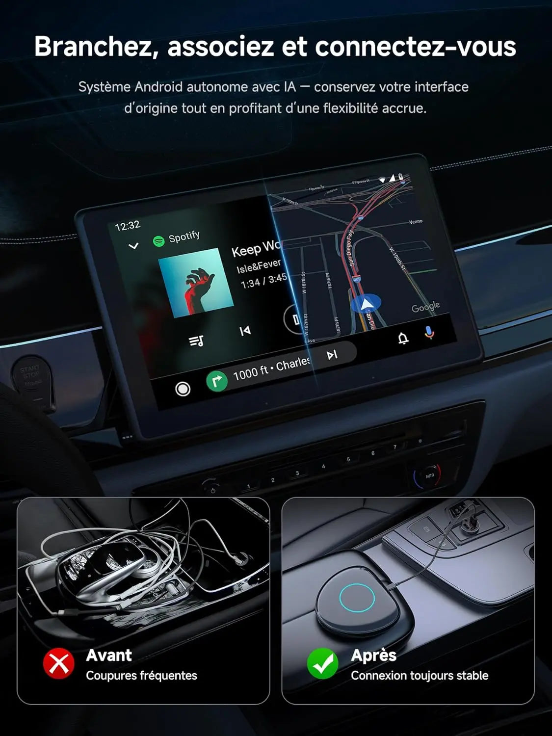 ATOTO CB6C Adaptateur CarPlay sans fil Android 13, Boîtier AI Plug & Play avec GPS, IA DriveChat, 4G LTE, 4GB+64GB, Noir