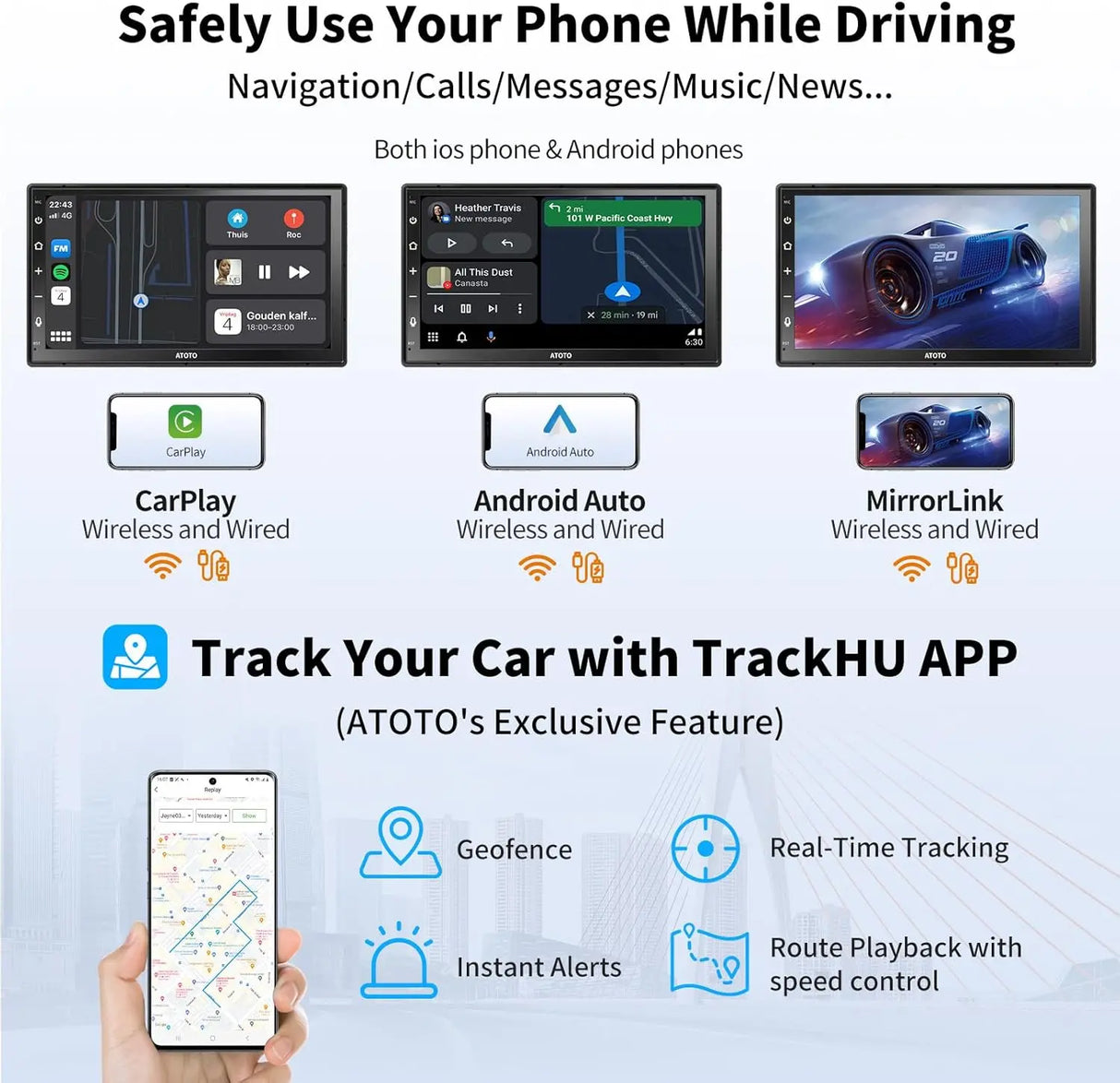 ATOTO A6G2B7PF 7" Double Din Android Car Stereo, Wireless CarPlay & Android Auto, MirrorLink, Dual Bluetooth, DSP, FM Radio, 4G LTE WiFi/BT/USB Tethering, In-Dash Navigation, 8-Core 2G+32G