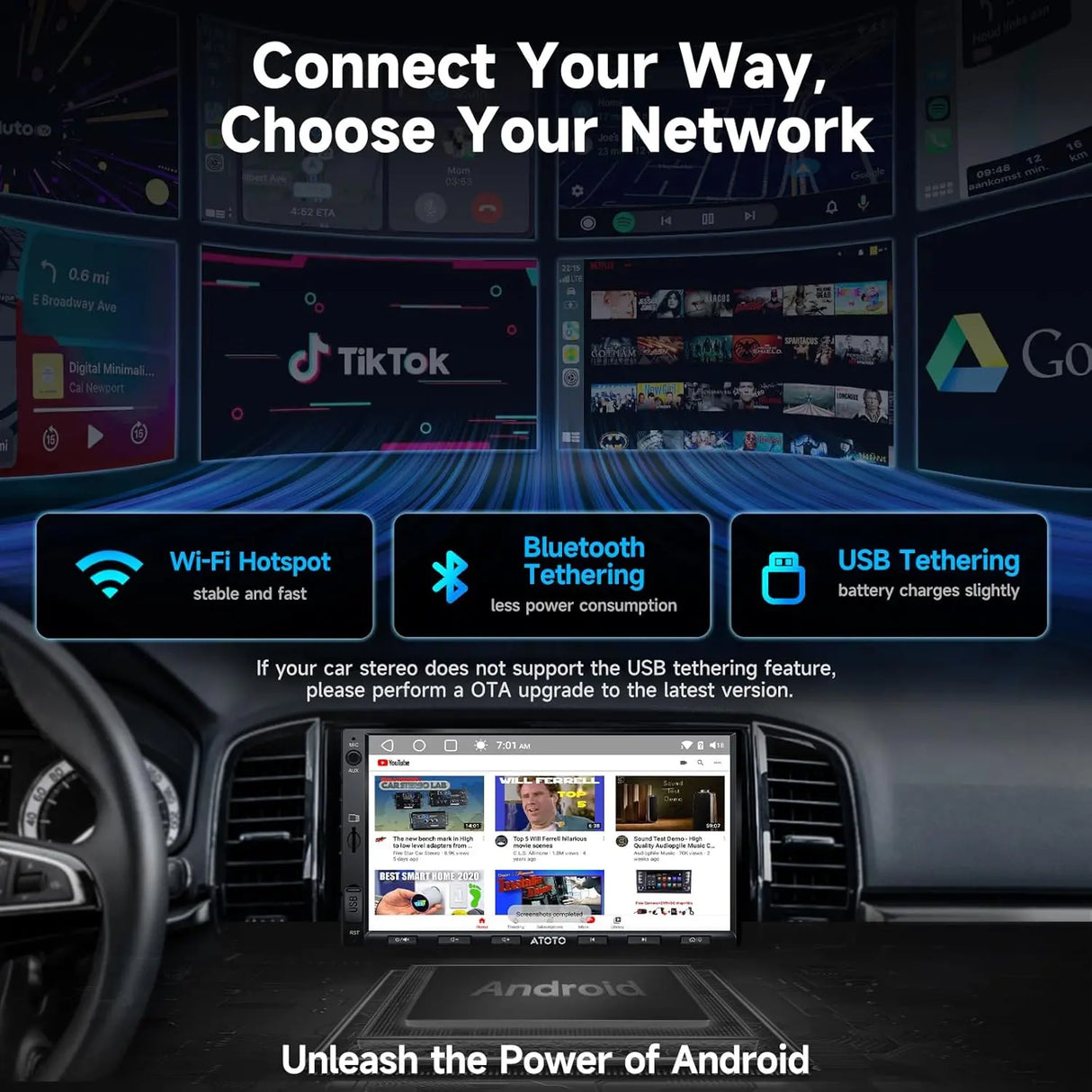 ATOTO A5LG2A7T 7" Double Din Car Stereo, Touchscreen Digital Media Receiver, 2G+32G, Wireless CarPlay & Android Auto, WiFi/BT Tethering, 24-Band EQ DSP, Bluetooth, MirrorLink, FM, USB, TF
