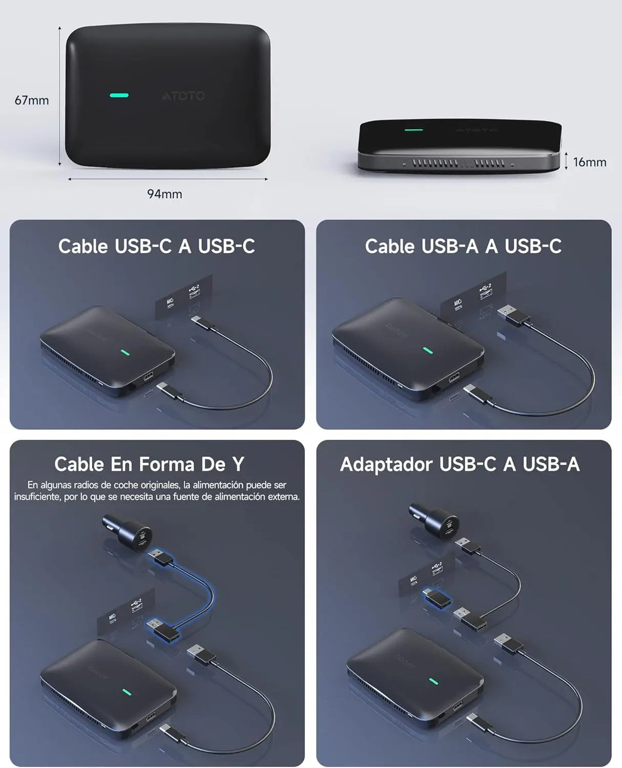 ATOTO CB4B Dongle WIFI – Dual Bluetooth, Tarjeta TF 128GB, 4G+32G, Netflix/YouTube, Adaptador CarPlay Inalámbrico, Android TV Box con AI DriveChat, Negro