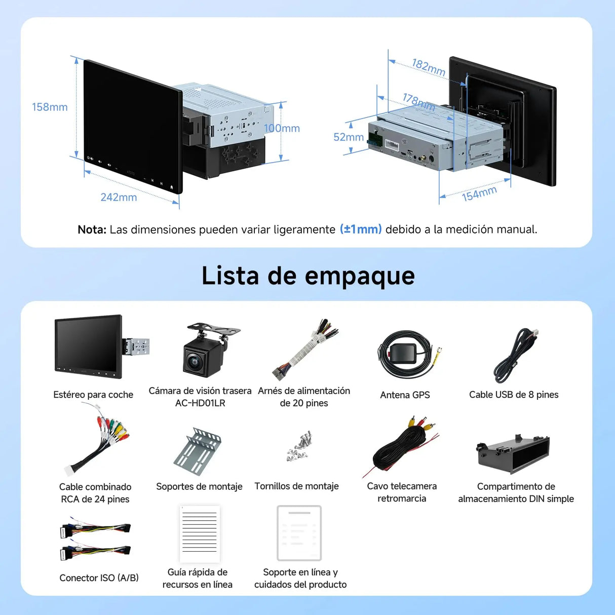 ATOTO A5LG110T Radio 1 DIN/2 DIN Android 10" con pantalla flotante, cámara trasera, CarPlay y Android Auto inalámbricos, tethering WiFi/BT/USB, MirrorLink, DSP, FM/RDS, 2G+32G