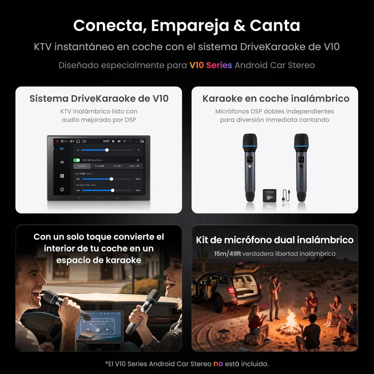 ATOTO AC-MICW2 Kit de Micrófonos Inalámbricos – 2 Micrófonos de Mano Recargables con Receptor, Baja Latencia, Alcance 15 m, 6h Duración, Compatible con Autorradios Serie V10 para Karaoke