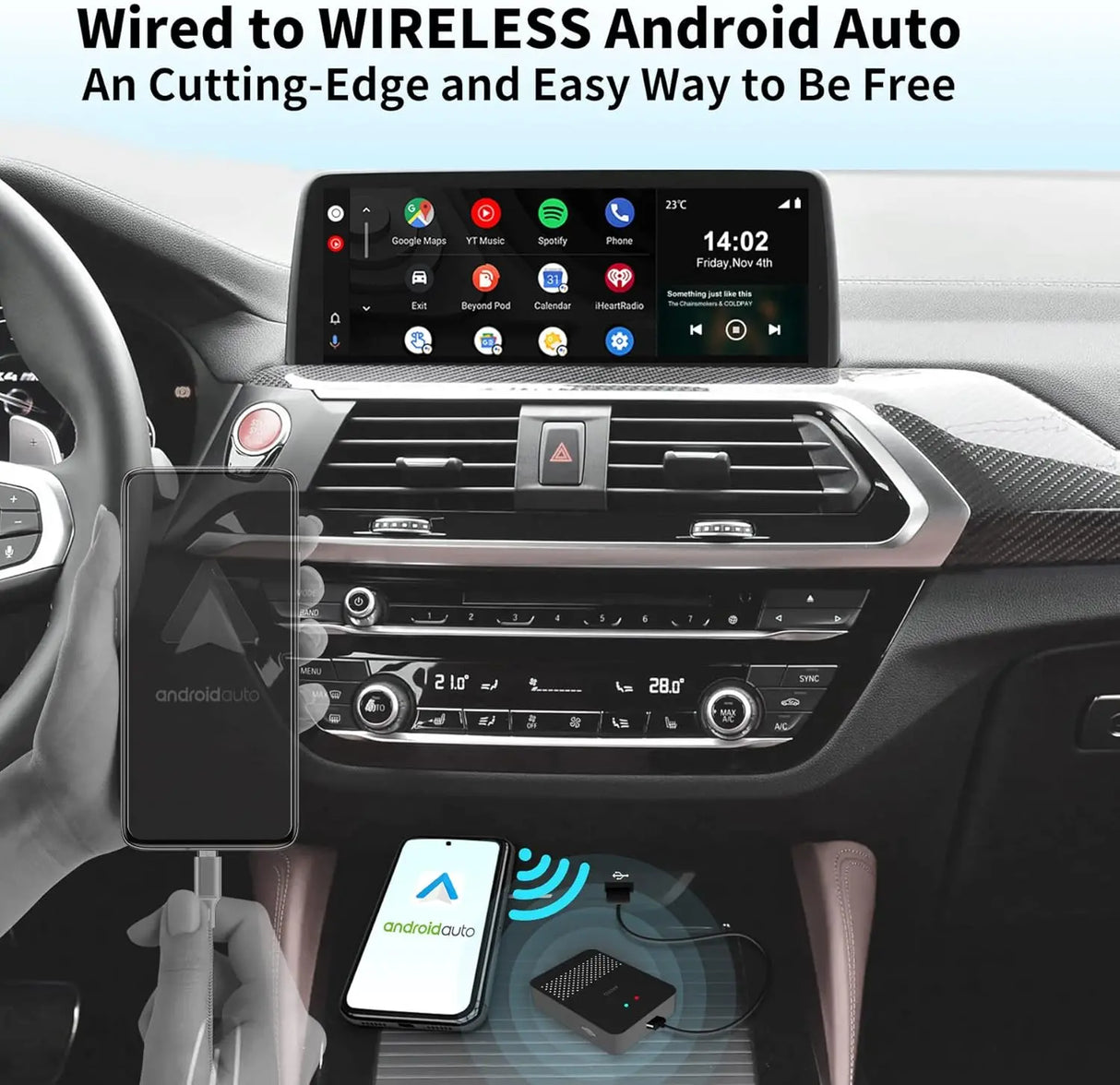 ATOTO AD3WAA-BK Wireless Android Auto Adapter - Convert Wired to Wireless for Factory/Aftermarket Radios - Compatible with Toyota, Nissan, Honda, Ford, Audi, Benz