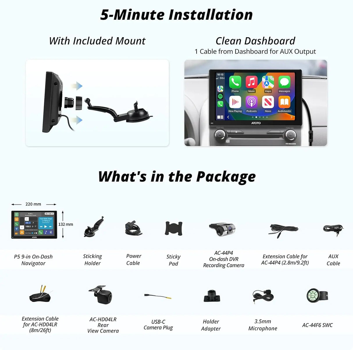 ATOTO P509SD 9'' Portable CarPlay Screen with Dash Cam, 1080p Backup Camera, CarPlay & Wireless Android Auto, Touch Screen,AUX/FM, SWC