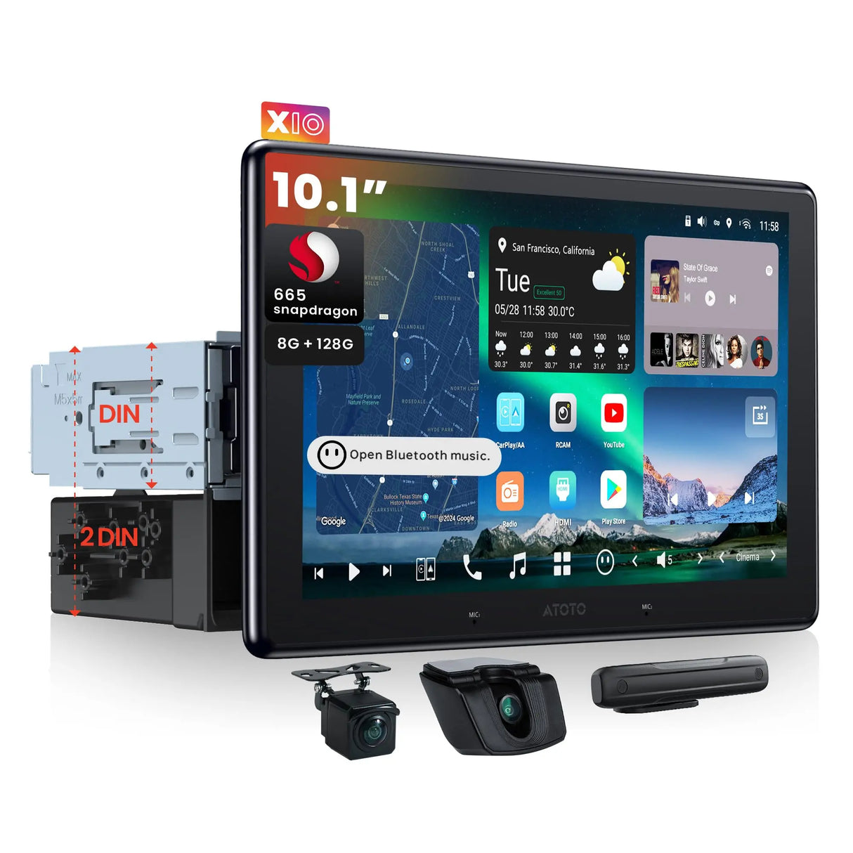 ATOTO X10G110E 10.1" Android Car Stereo with Wireless CarPlay & Android Auto, QLED Floating Touch Screen, Dual 1080P Dash Cam, 8GB RAM, 128GB ROM, DSP 7.1.2 Sound, WiFi/Cellular