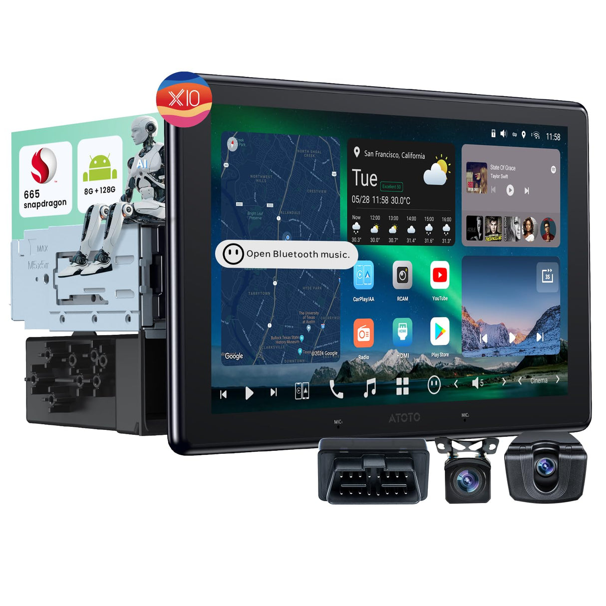 ATOTO X10G110E-R3S 10.1インチ QLED Android 13 1DIN & 2DIN ディスプレイオーディオ、1080P前後ドライブレコーダー + OBD2スキャナー 4in1、8コア 8GB+128GB、ワイヤレスCarPlay / Android Auto対応、ChatGPT機能搭載