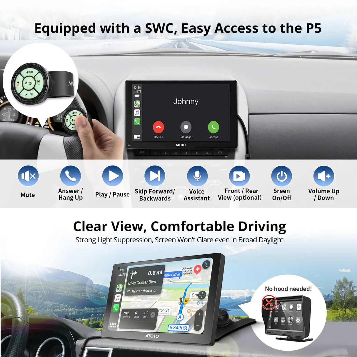 ATOTO P5 GPS para coche portátil 9" QLED 1028x720 con cámara trasera 1080P, CarPlay y Android Auto inalámbrico, pantalla táctil, enlace espejo, Bluetooth, FM/AUX