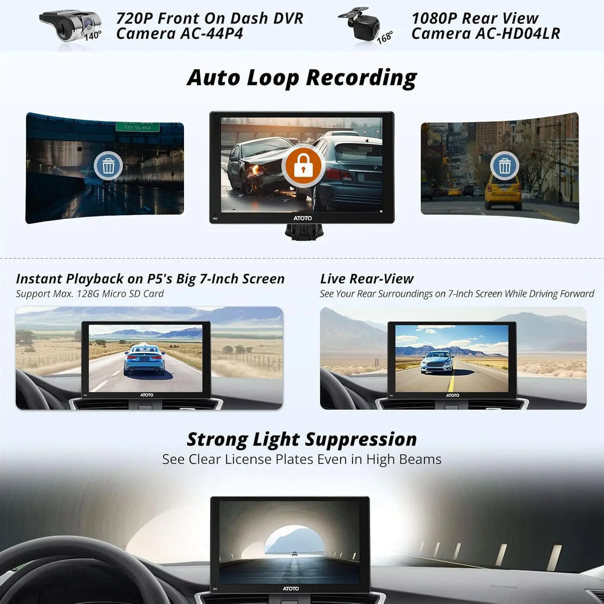 ATOTO P507SD 7″ Portable CarPlay Screen with Dual Cameras – QLED Glare-Suppressing Touchscreen, GPS Navigation, Wireless CarPlay & Android Auto, Remote Control, Bluetooth & AUX/FM
