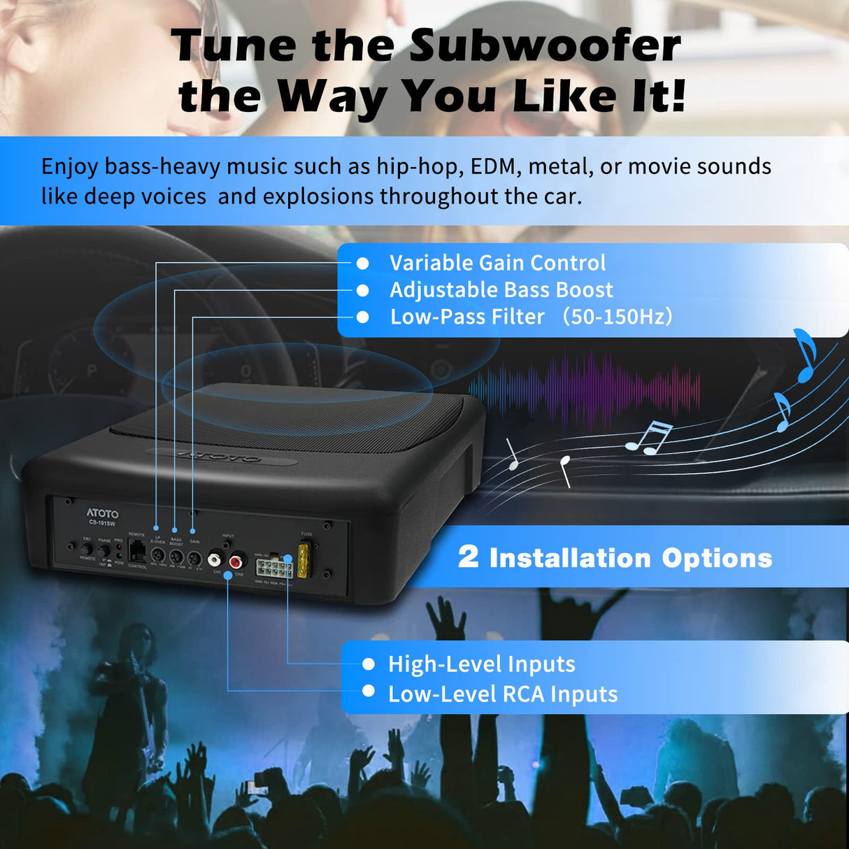 ATOTO CS-101SW 10-Inch Active Under-Seat Subwoofer, 400W Max Power with Built-in Amplifier & Remote Control