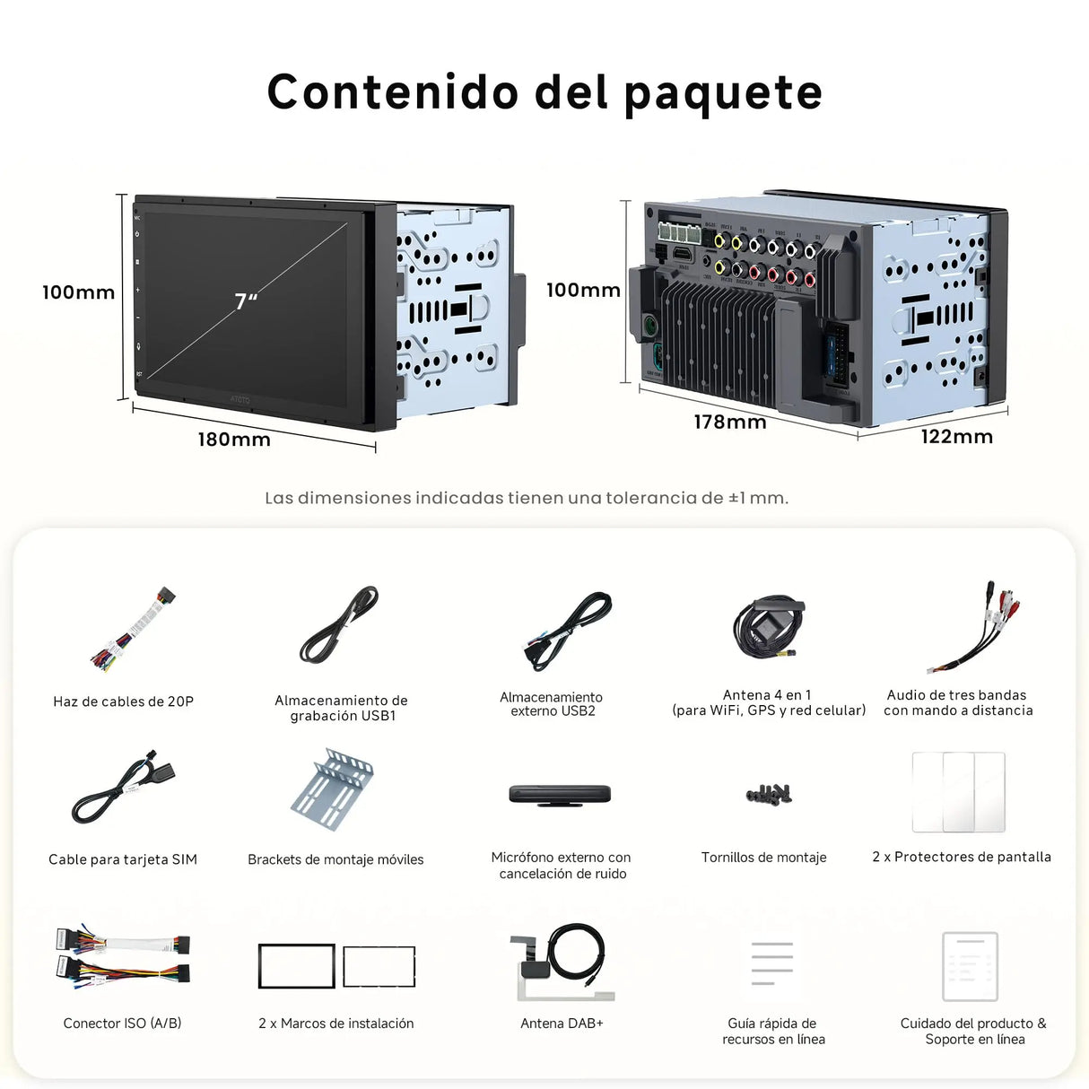 ATOTO X10DG2B7E Radio 2 DIN Android 7" QLED DAB, 8GB+128GB, CarPlay y Android Auto Inalámbricos, 4G LTE, Asistente de Voz AI, GPS, Micrófono Dual, Bluetooth, LRV, 36B-EQ, Entrada HDMI