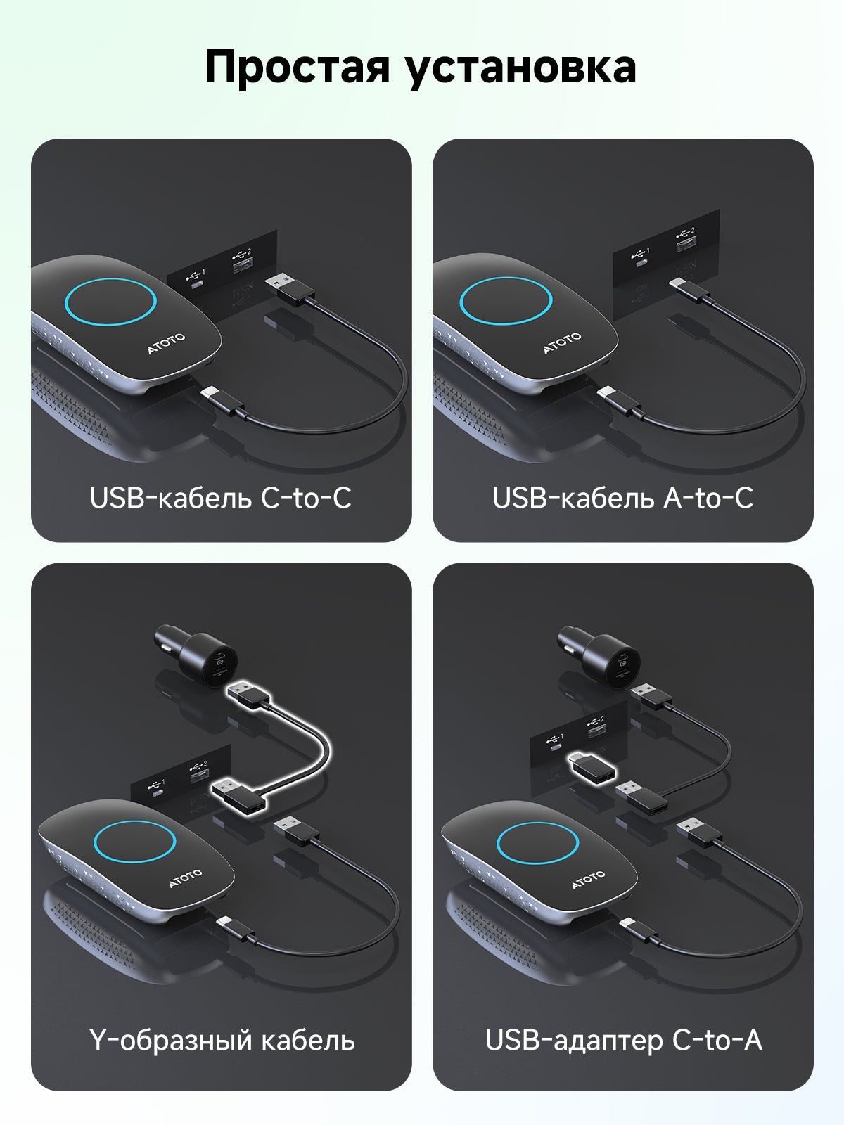 ATOTO CB4DT Беспроводной адаптер CarPlay, AI Box Android Auto, 5-в-1 видеобокс с YouTube, HDMI-выходом, двойным Bluetooth/Wi-Fi, 4ГБ+32ГБ (до 256ГБ), DriveChat, Plug & Play, стабильное низколатентное подключение