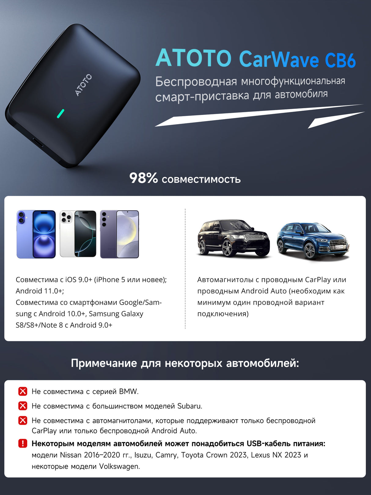 ATOTO CarWave CB4A Обновлённая версия, беспроводной AI-бокс адаптер CarPlay с OBD2-сканером, Plug & Play видеостриминг в автомобиле для iPhone и Android Auto, встроенный AI ChatGPT, поддержка YouTube, Netflix, Dual WiFi