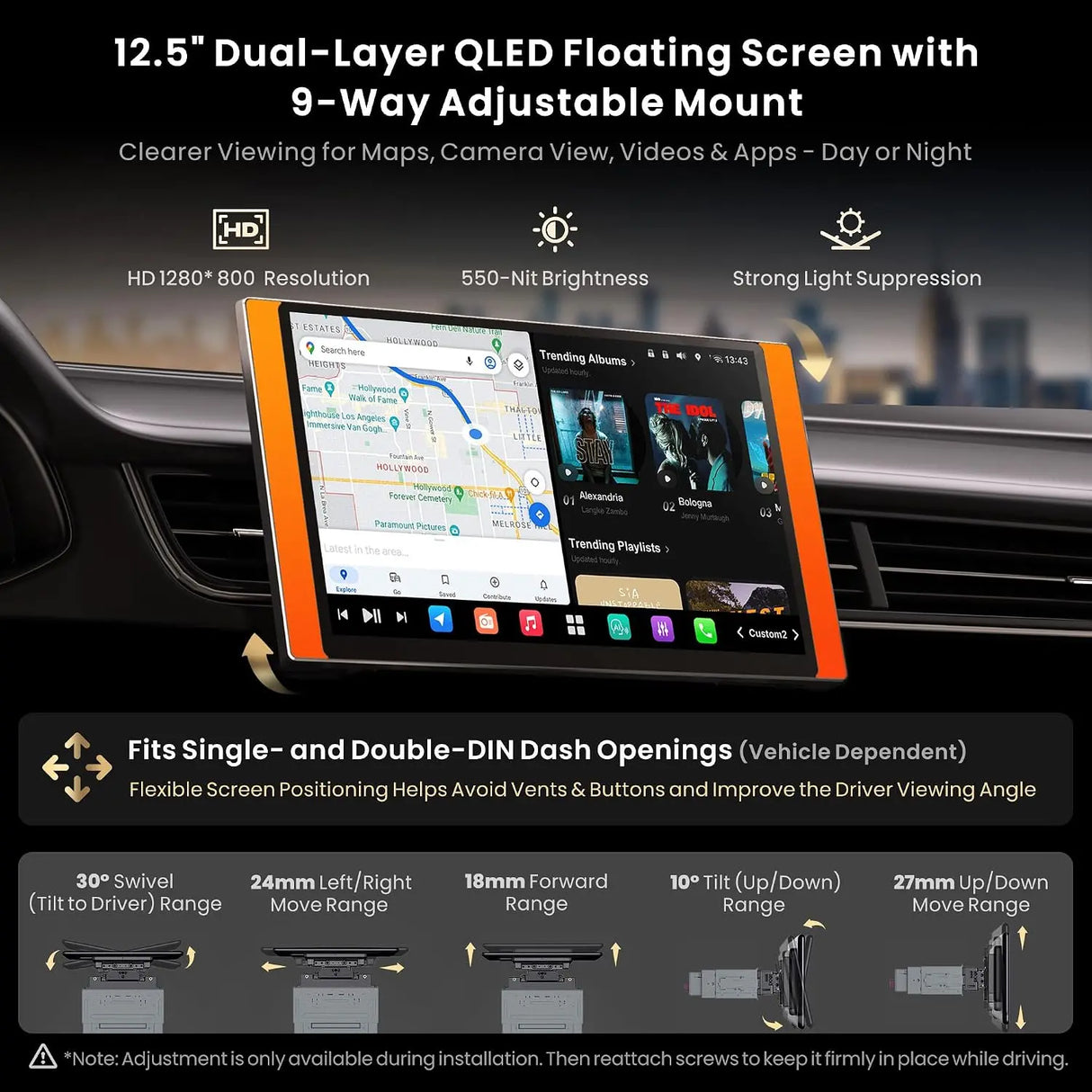 ATOTO X10G125E-R3 12.5" Bluetooth Car Radio with Dual Recording Cams, Single Din & Double Din, QLED Android Stereo 8G+128G, Floating Screen, 7.1.2CH Audio, 4G LTE, Wireless CarPlay & Android Auto