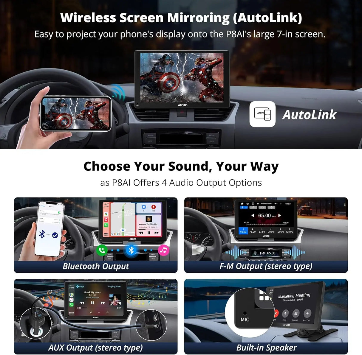 ATOTO P807SD 7" Portable Wireless Car Stereo with HD 1080P WDR Rear Camera, QLED Glare-Suppressing Touchscreen, Wireless CarPlay & Android Auto, OTA Upgrade, Remote Control & FM/AUX Output