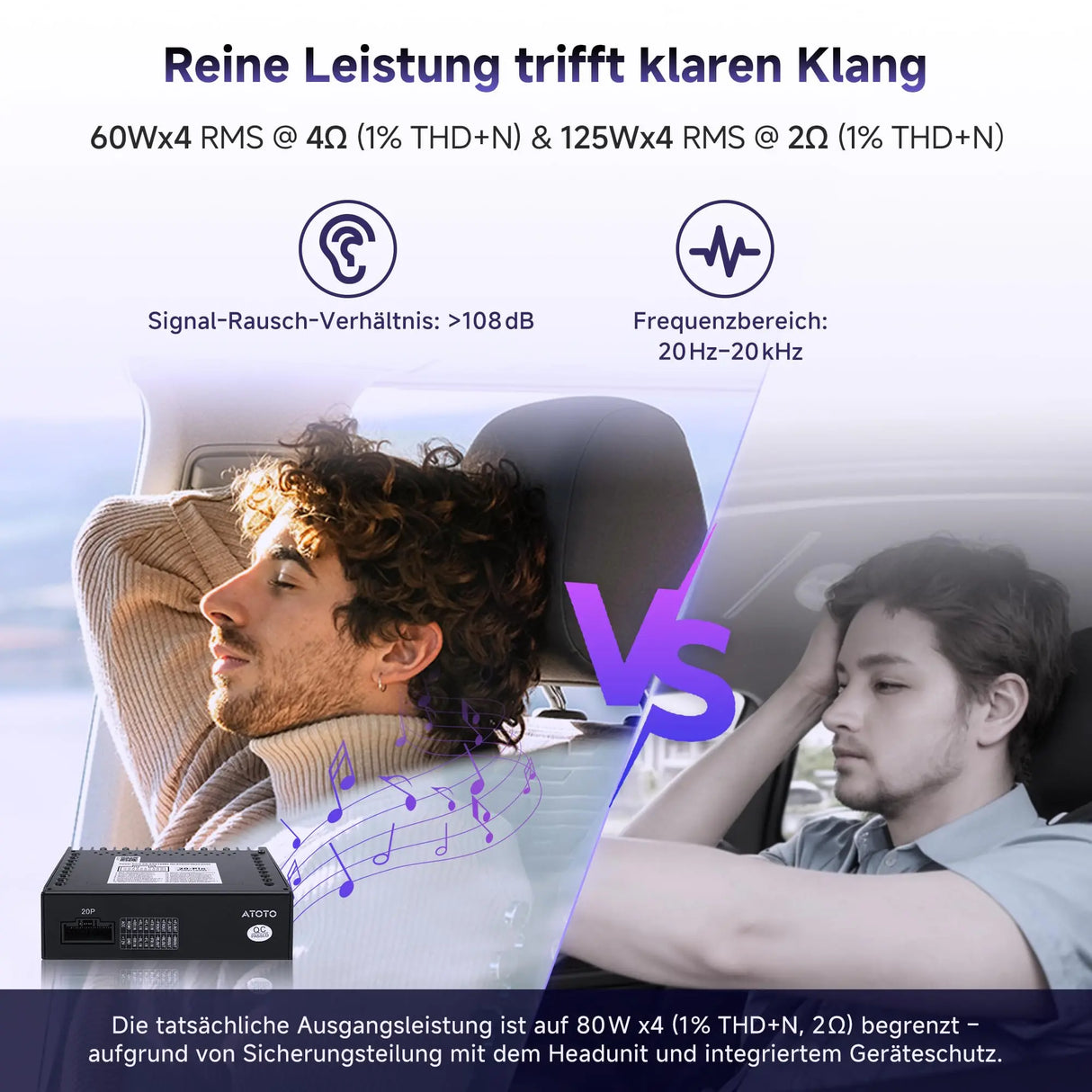 ATOTO CA-AEC122DL Kompakter 4-Kanal Auto-Verstärker, RMS 4x60W, Klasse D TI TPA3221, 2m Stromkabel, Anpassbarer EQ, Kompatibel mit ATOTO Autoradios