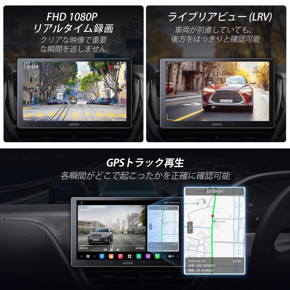 ATOTO AC-FHD02LR バックカメラ 1080P、強光抑制、WDR、GPSトラック再生、140度広角、IP67防水、ナイトビジョン、ループ録画、LRV、X10シリーズ