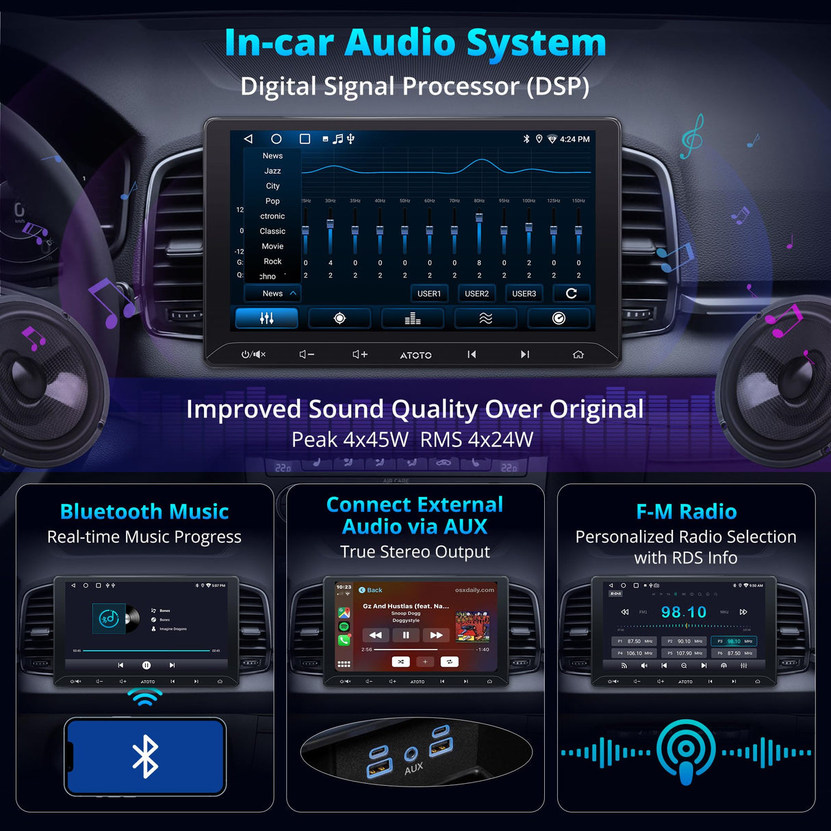 ATOTO A5LG211T 10.1" Android Double Din Radio with Wireless CarPlay/Android Auto, LRV Backup Camera & DVR Dashcam, WiFi/Bluetooth/USB Tethering, 2+32GB, 24-Band EQ & DSP, SWC/FM, MirrorLink, AI Chat