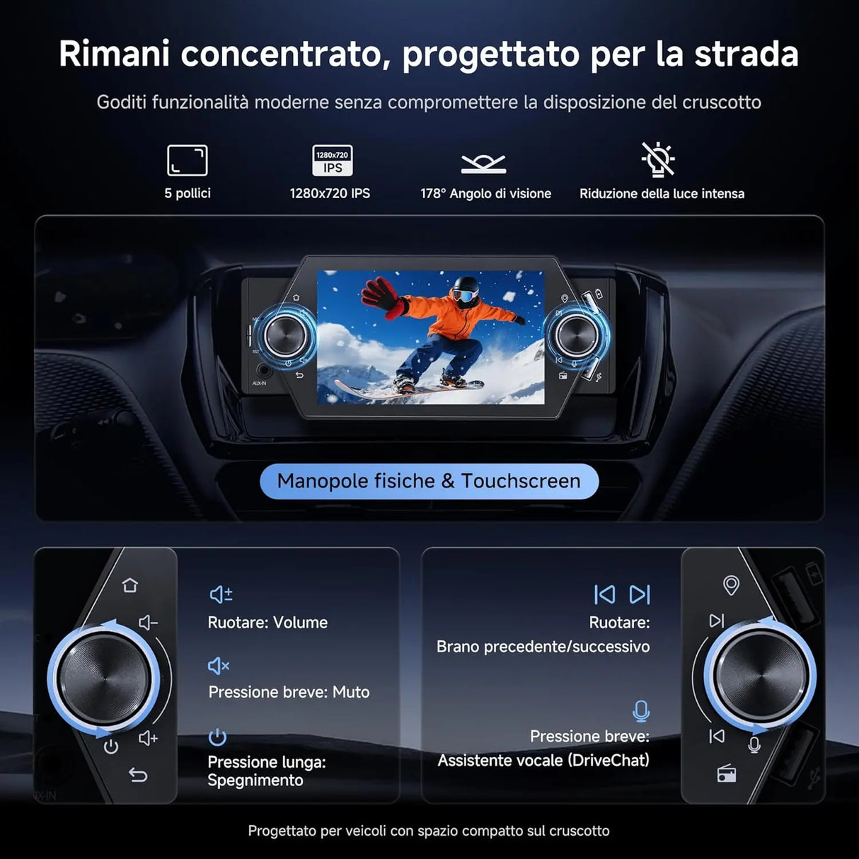 ATOTO A5LG1A5T 5" Touchscreen Autoradio con Telecamera di Retromarcia, Android 1 Din, CarPlay & Android Auto Senza Fili, WiFi/BT/USB Tethering, MirrorLink, RDS/FM/GPS, Controllo Vocale, 2G+32G