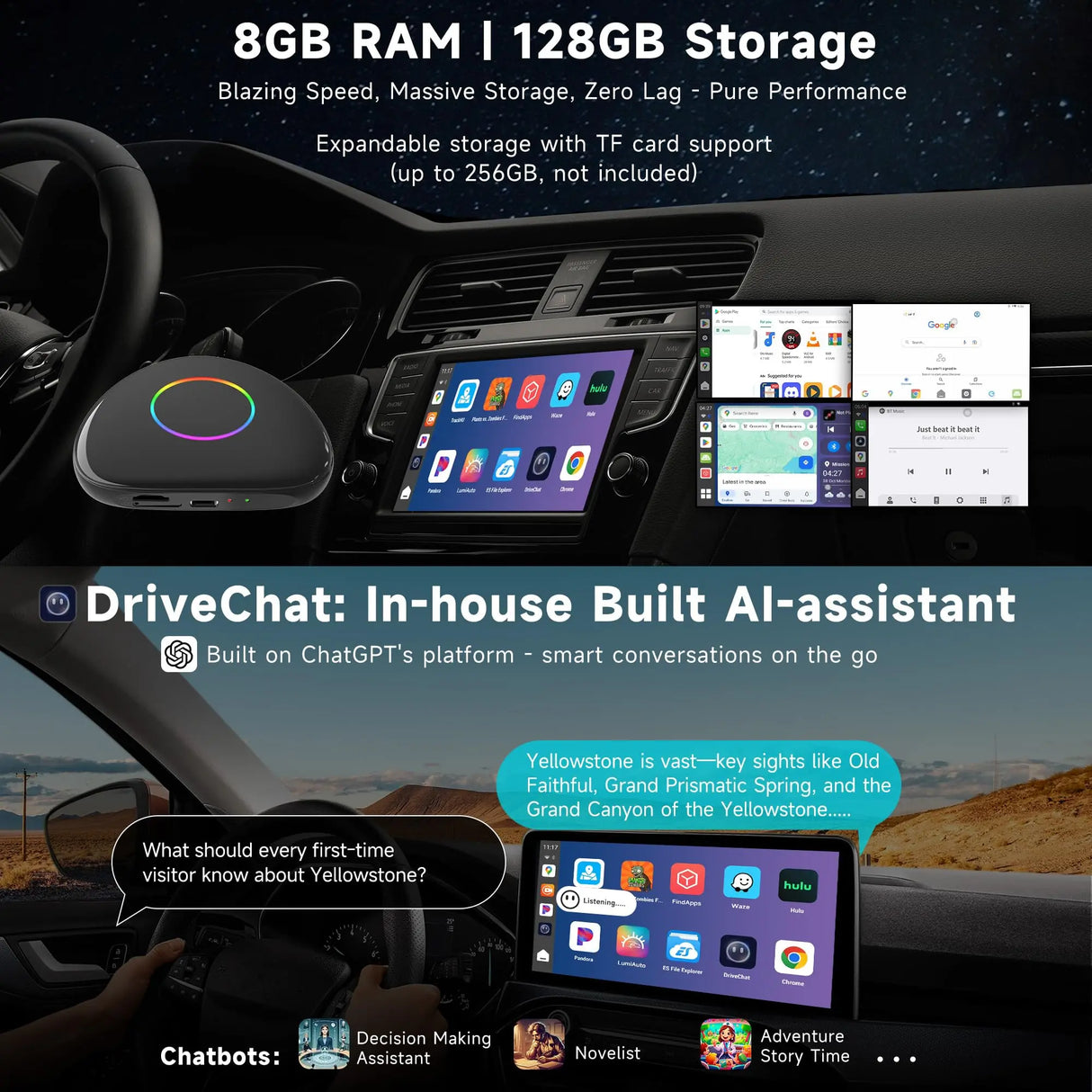 ATOTO CarWave CB6 Magic AI Box - Wireless CarPlay & Android Auto, Android 13 OS, 8-Core, 8G+128G, Car Streaming Video Box for Netflix, Spotify, 4G LTE, WiFi, Dual Bluetooth, OBD II, microSD, OTA, Gray