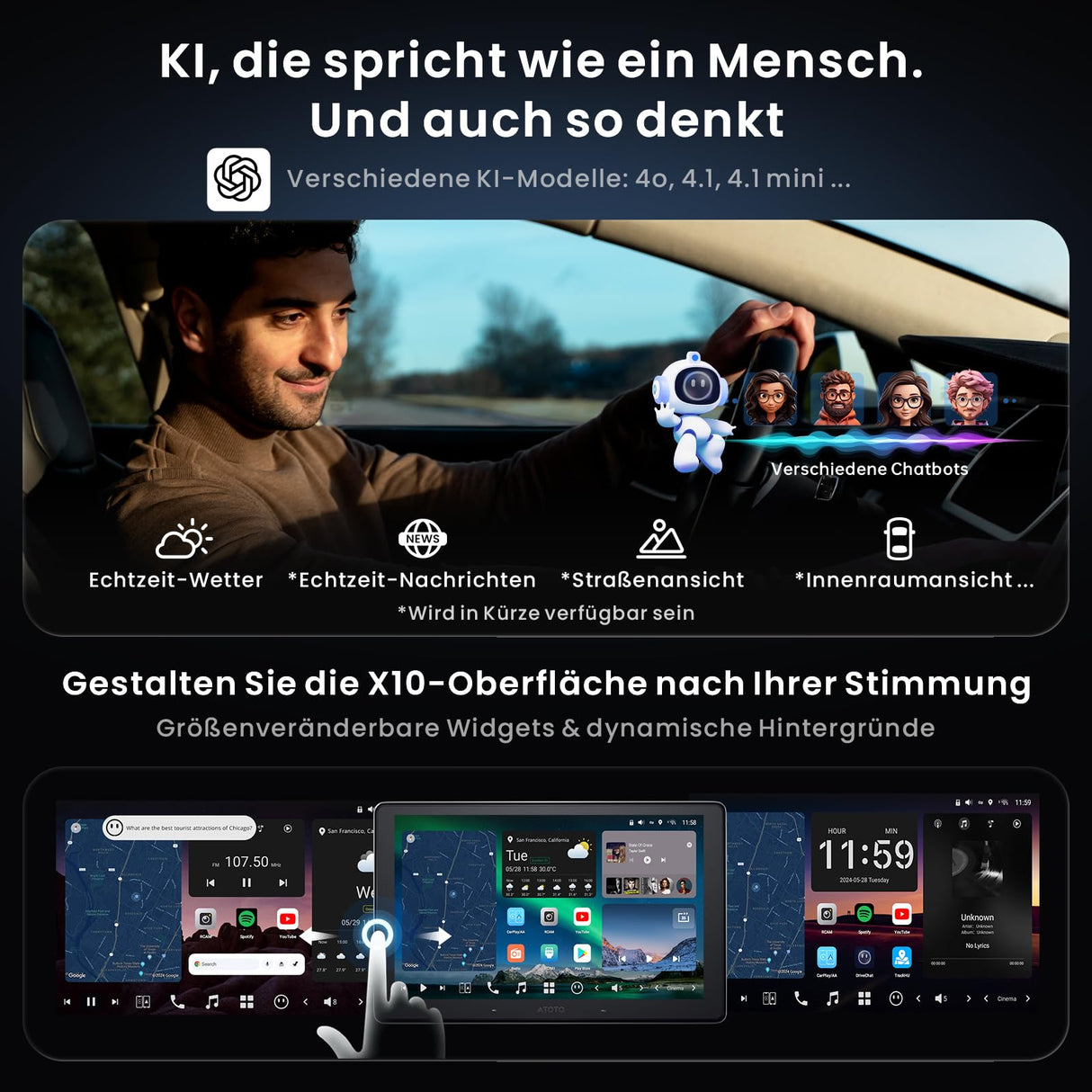 ATOTOZONE 10" QLED AI Android Autoradio 1 DIN, Floating Screen Auto, 8G+128G In-Dash Navigation, 4G LTE, Kabelloses CarPlay & Android Auto, Dual-Phone & 2 Bluetooth, SCVC, GPS-Tracking, X10G110E