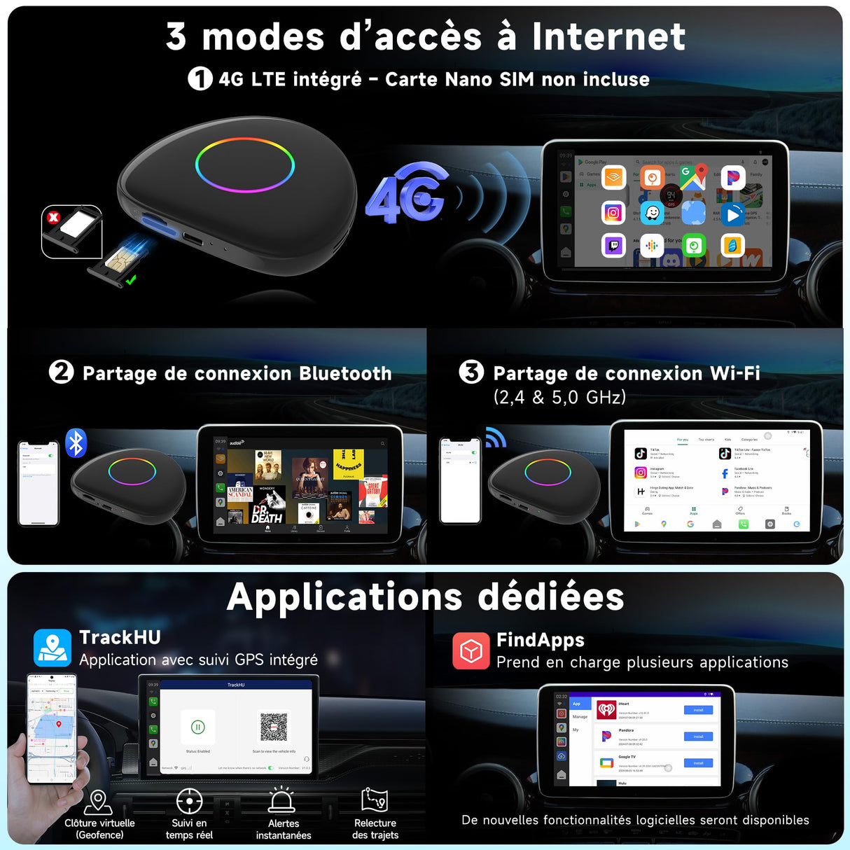 ATOTO CB6 Adaptateur CarPlay Sans Fil – Boîtier CarPlay IA, 8 Go+128 Go Boîtier Streaming pour Voiture avec 4G, Double Bluetooth, USB, GPS Intégré, Assistant IA, Extension microSD, OTA